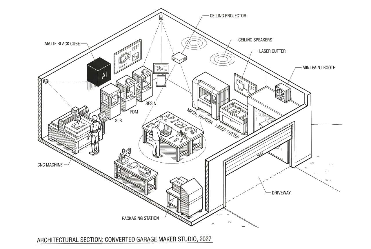 Isometric cutaway of the Everything Garage — architectural section showing all equipment, 2027